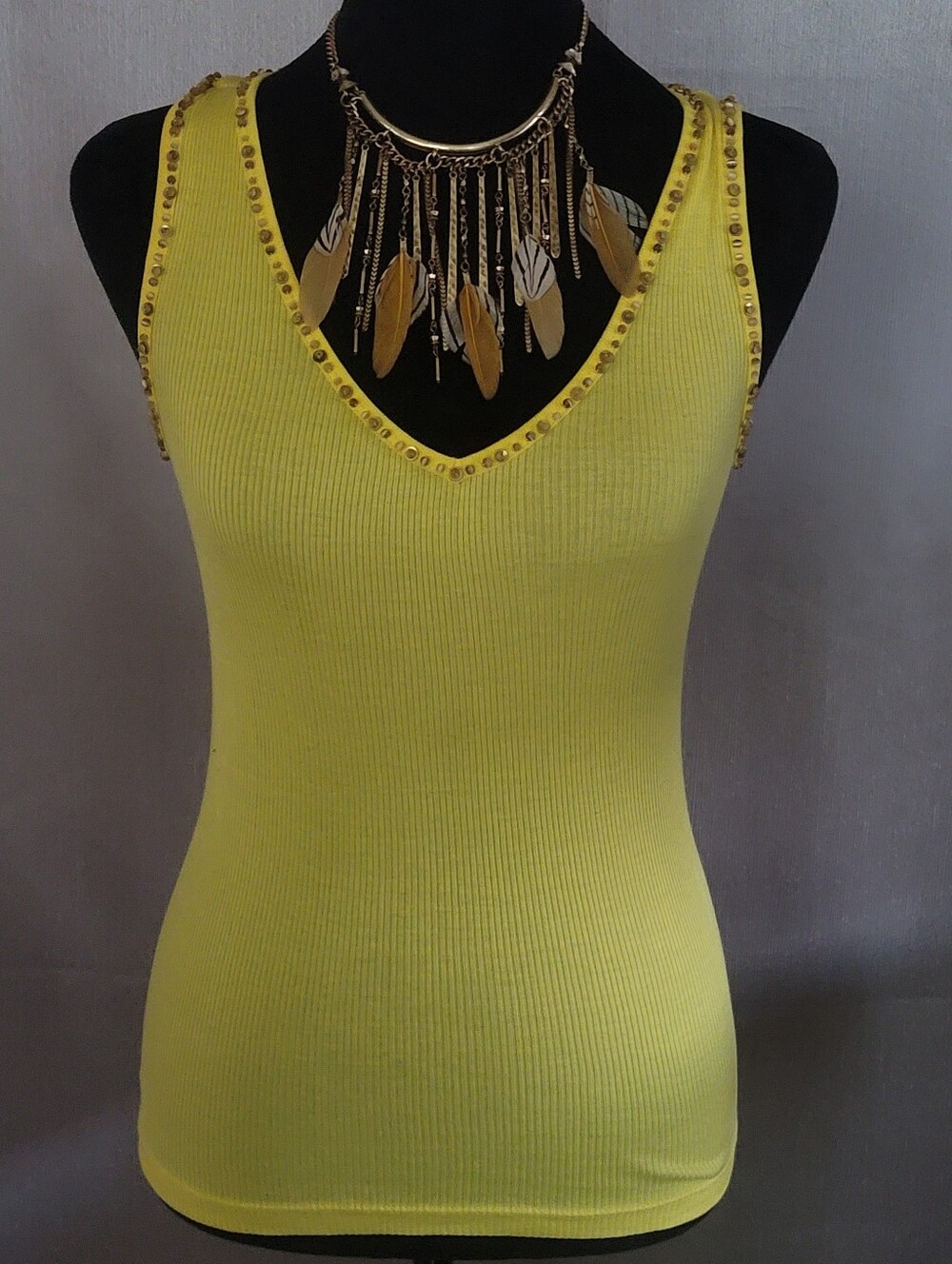 Yellow Ribbed V-Neck Tank Top with Stud Trim